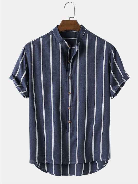 Simple Fashion Striped Men's Stand Collar Short Sleeve Shirt Men