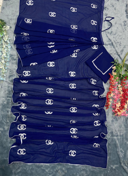 Blue Georgette Embroidery Ready To Wear Saree