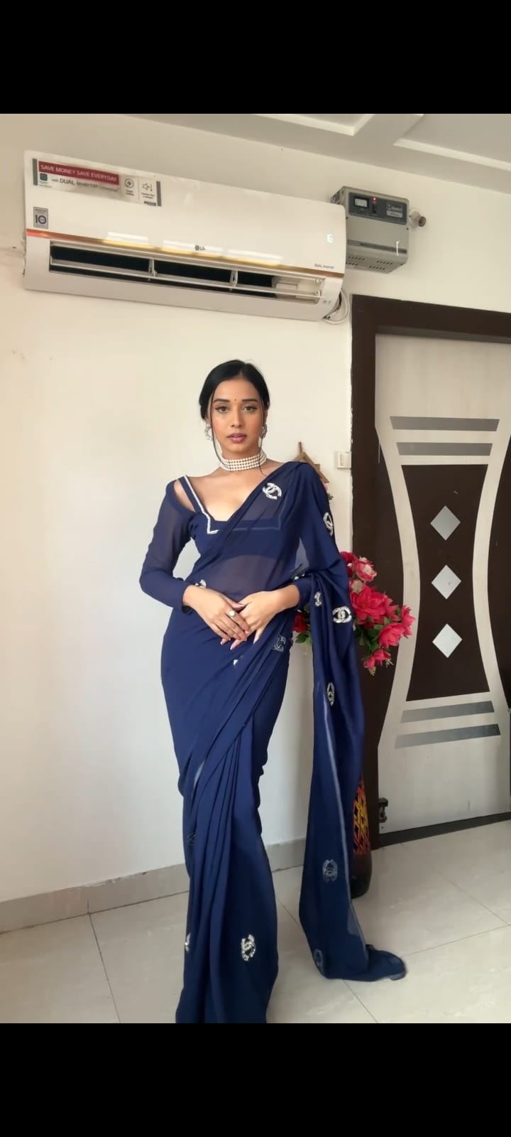 Blue Georgette Embroidery Ready To Wear Saree