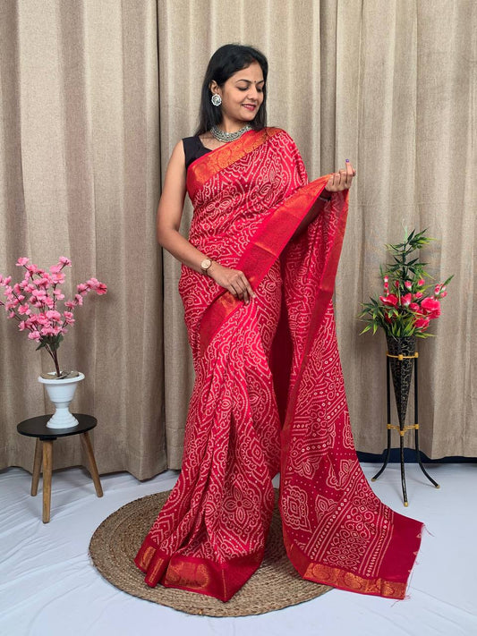 RED SOFT TUSSHAR SILK BANDHEJ SAREE