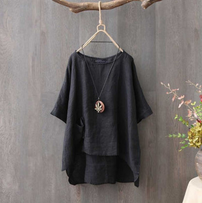 Summer Fashion Plus Size Round Neck Pocket Solid Color Irregular T-shirt Women Blouse