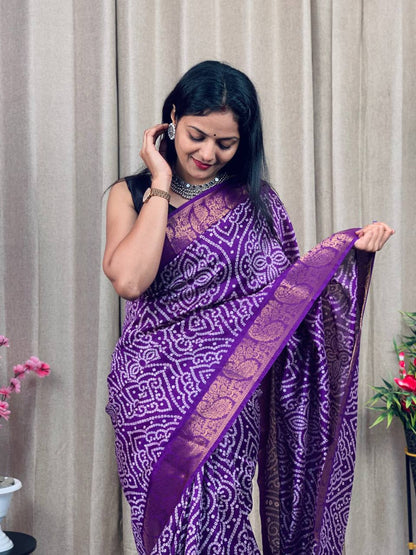 PURPLE SOFT TUSSHAR SILK BANDHEJ SAREE