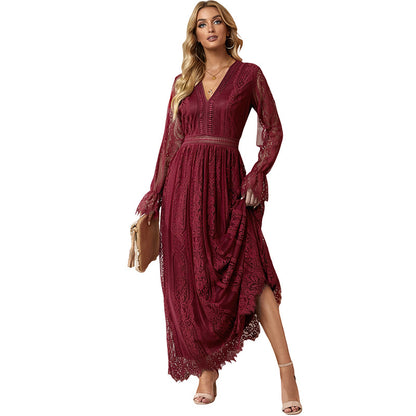 Lace V-neck Cinched Waist Pullover Dress