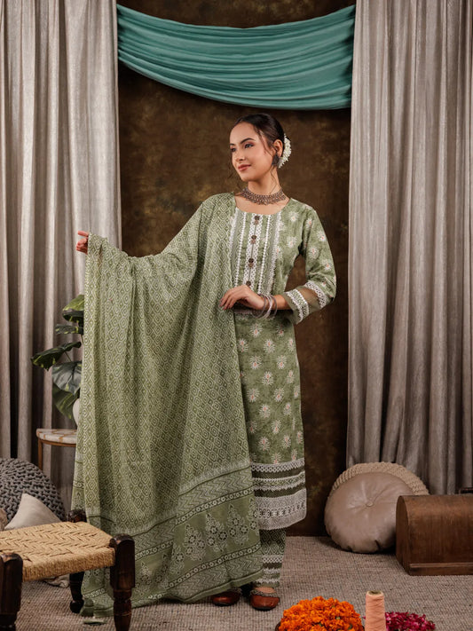 Green Ethnic Motifs Pure Cotton Kurta Dupatta Set With Lace Detailing