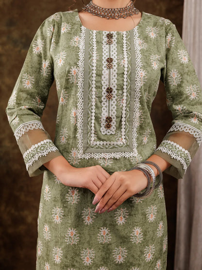 Green Ethnic Motifs Pure Cotton Kurta Dupatta Set With Lace Detailing