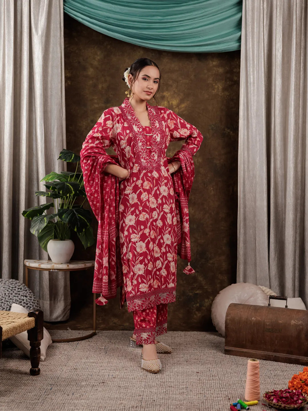 Hot Pink Floral Print Pure Cotton Beads Straight Kurta Dupatta Set With Lace Detailing