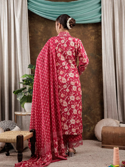 Hot Pink Floral Print Pure Cotton Beads Straight Kurta Dupatta Set With Lace Detailing