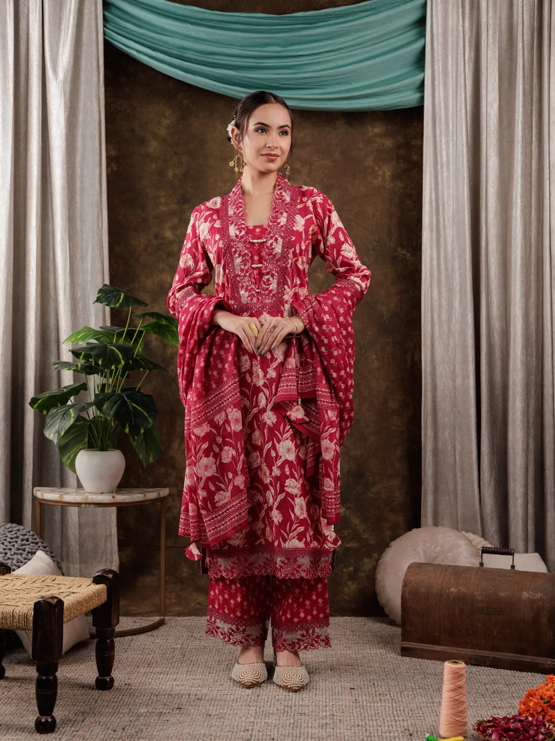 Hot Pink Floral Print Pure Cotton Beads Straight Kurta Dupatta Set With Lace Detailing