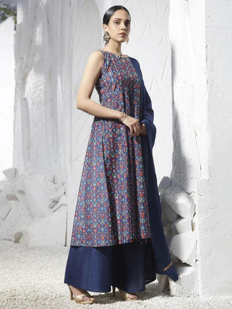 Blue Poly Muslin Embroidered Kurta with Palazzo and Dupatta