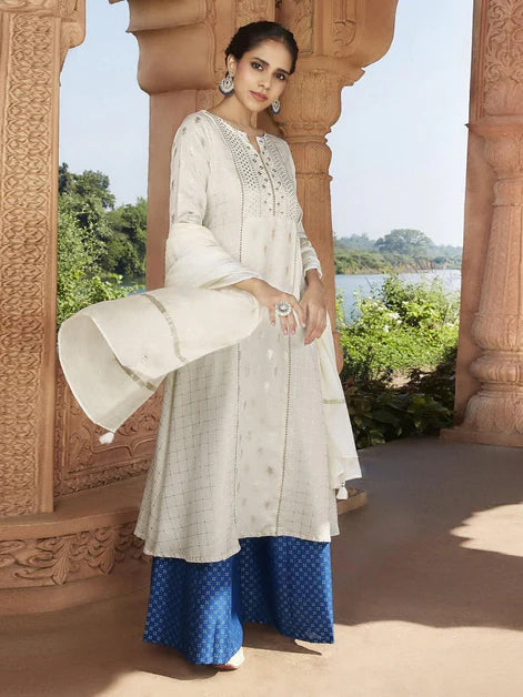 Off- White Poly Silk Ethnic Motifs Kurta with Palazzo and Dupatta