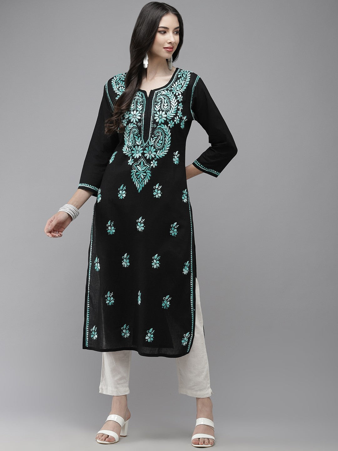 Hand Embroidered Black Cotton Lucknow Chikankari Kurta