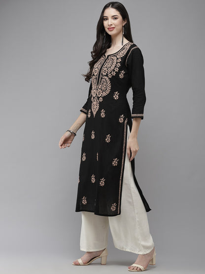 Hand Embroidered Black Cotton Lucknow Chikankari Straight Kurta