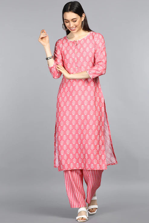 Pink Polyester Straight Kurta With Palazzo Set