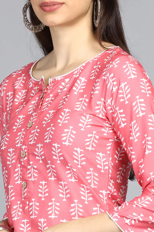 Pink Polyester Straight Kurta With Palazzo Set