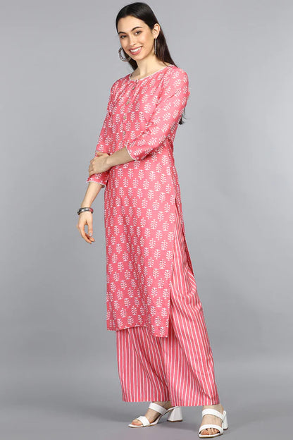 Pink Polyester Straight Kurta With Palazzo Set