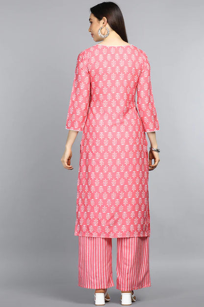 Pink Polyester Straight Kurta With Palazzo Set