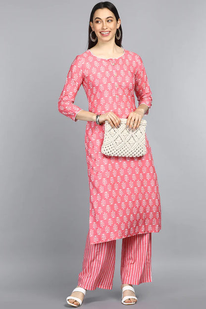 Pink Polyester Straight Kurta With Palazzo Set