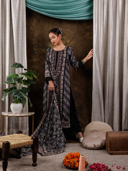 Pure Muslin Silk Black Ethnic Motifs Kurta Dupatta Set