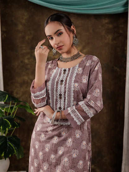 Purple Ethnic Motifs Pure Cotton Kurta Dupatta Set With Lace Detailing