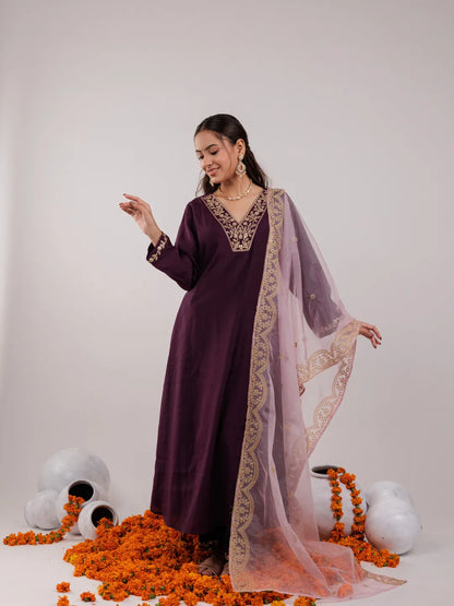 Purple Silk Embroidered Kurta Dupatta Set