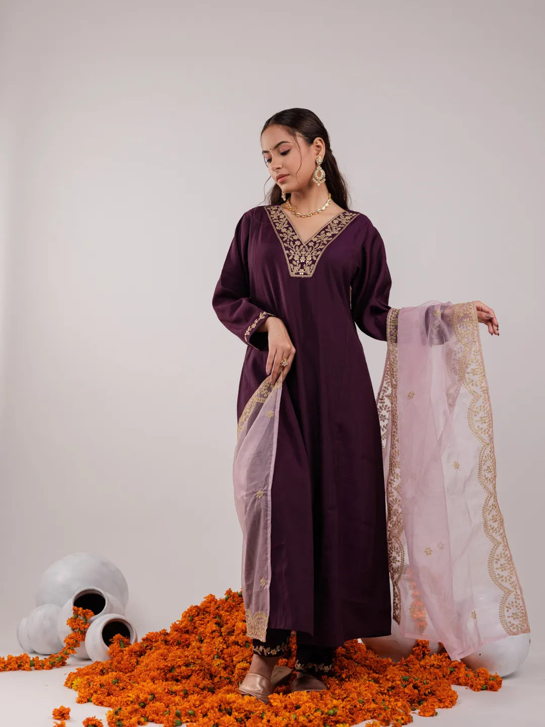 Purple Silk Embroidered Kurta Dupatta Set