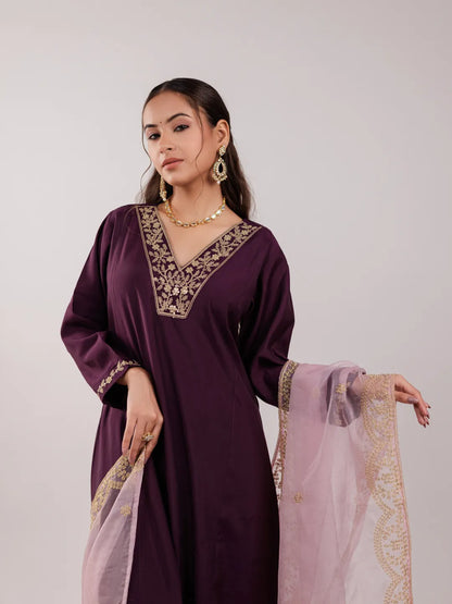 Purple Silk Embroidered Kurta Dupatta Set