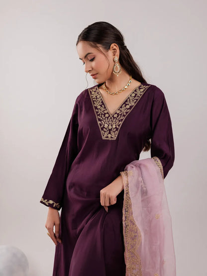 Purple Silk Embroidered Kurta Dupatta Set