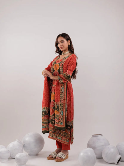 Red Pure Shimmer Tissue With Pure Viscose Trouser And Shimmer Dupatta