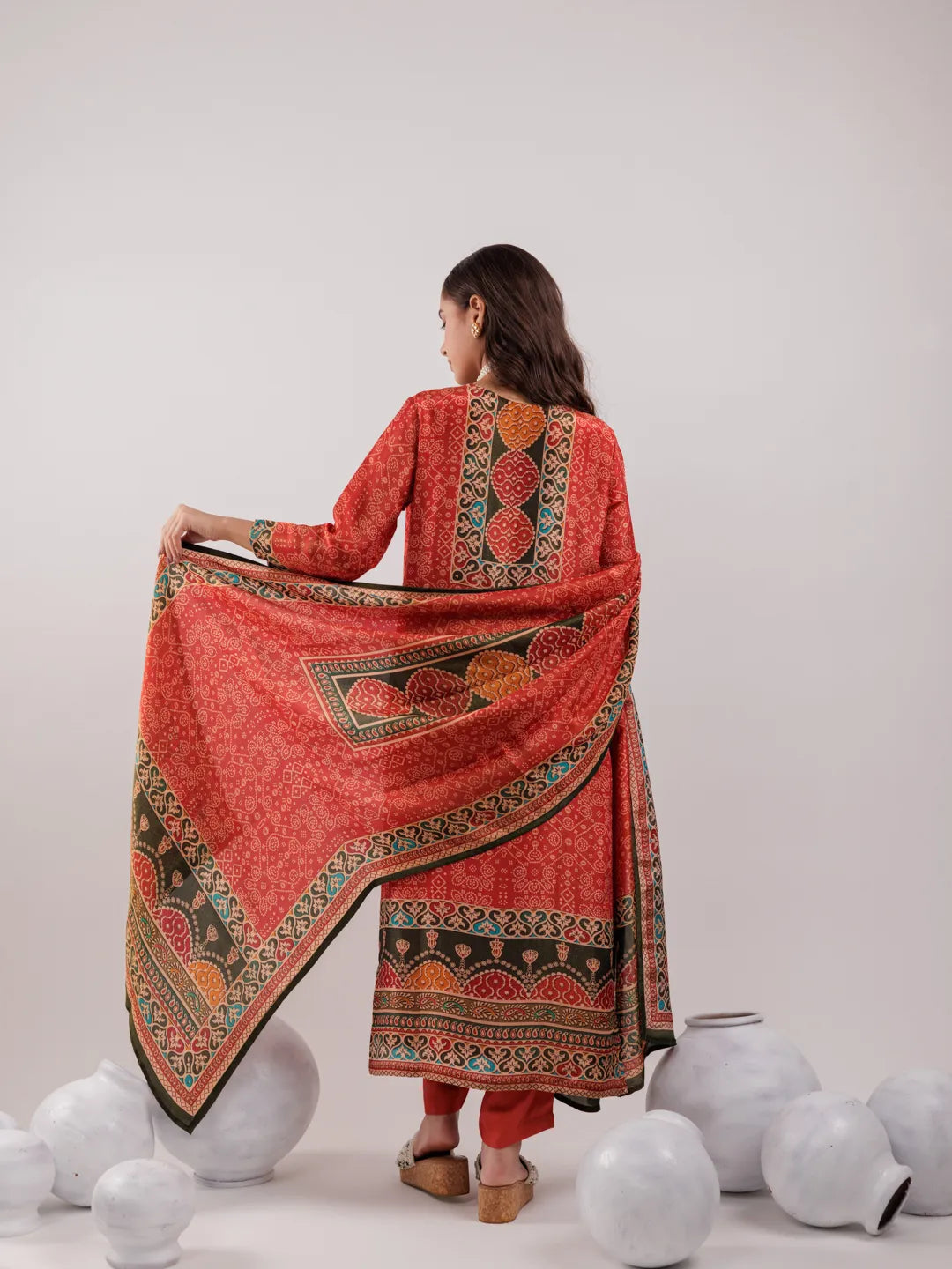 Red Pure Shimmer Tissue With Pure Viscose Trouser And Shimmer Dupatta