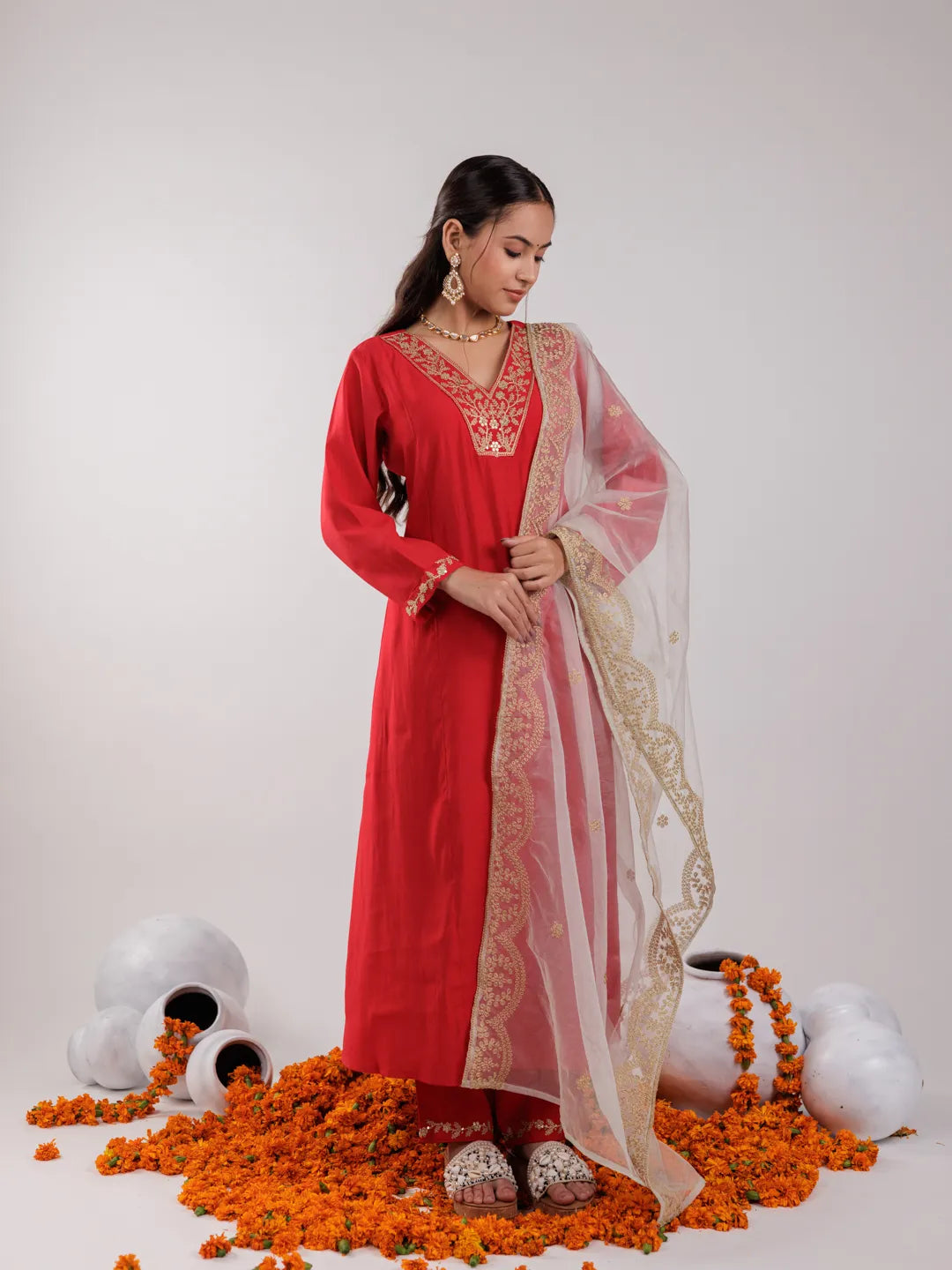 Red Silk Embroidered Kurta Dupatta Set