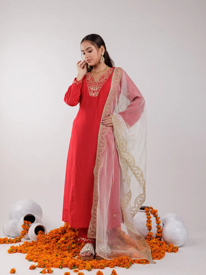 Red Silk Embroidered Kurta Dupatta Set