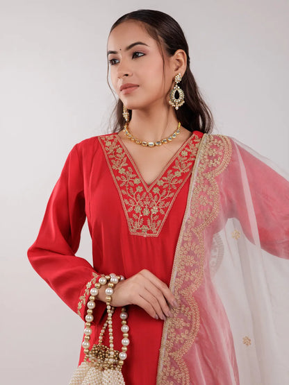 Red Silk Embroidered Kurta Dupatta Set