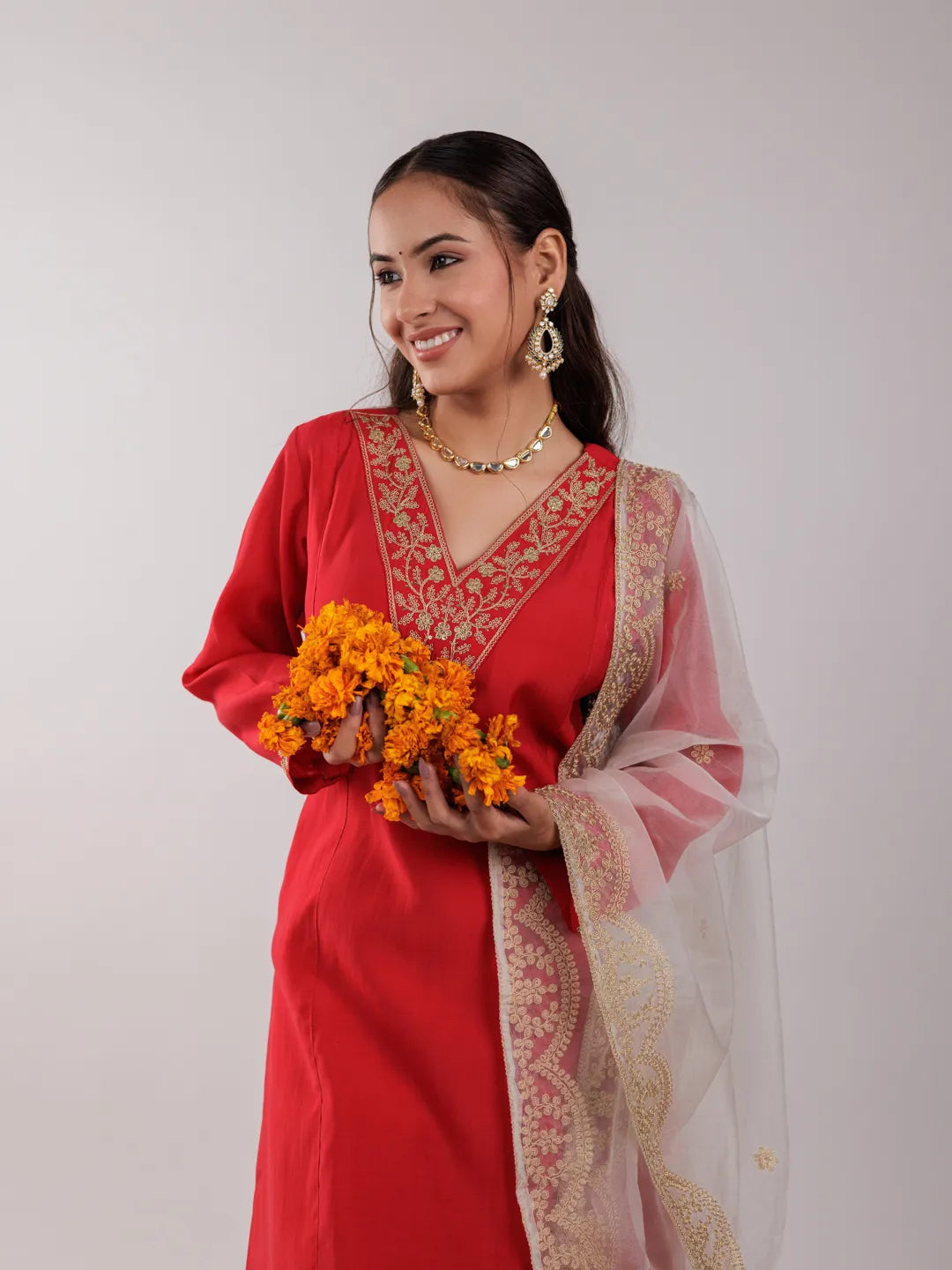 Red Silk Embroidered Kurta Dupatta Set