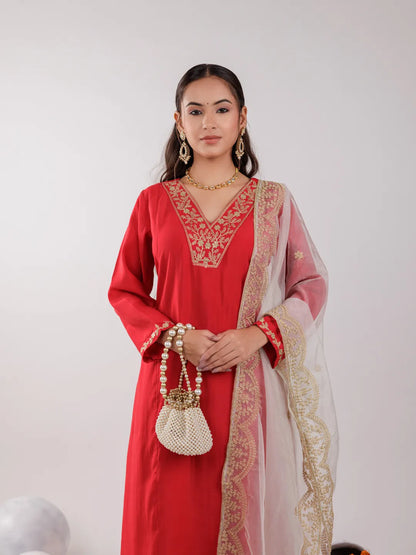 Red Silk Embroidered Kurta Dupatta Set