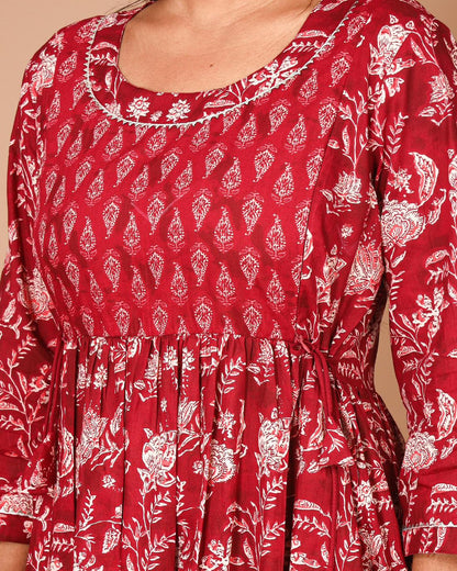 Red Cotton Maternity (Feeding gown) Kurti with side dori.