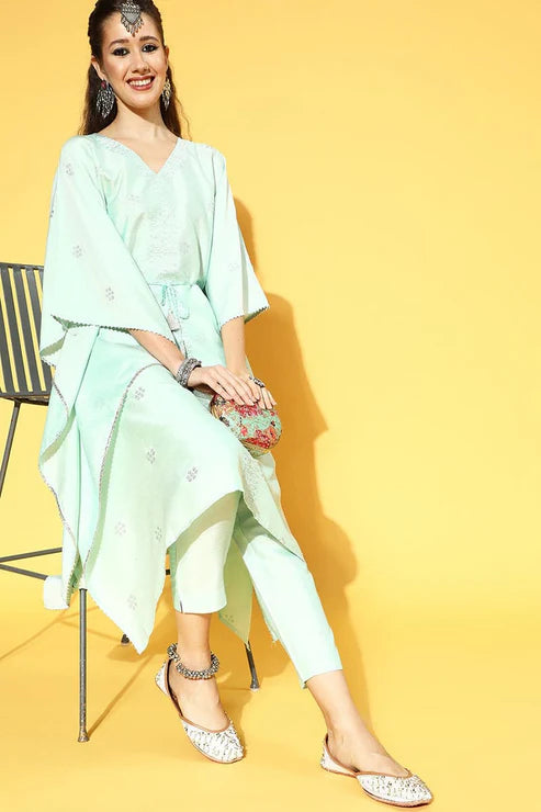 Sea Green Polyester Woven Design Kaftan Set