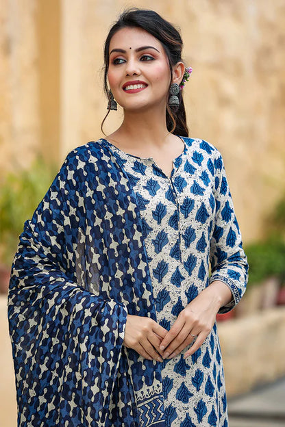 Off White Ethnic Motifs Printed Suit Set