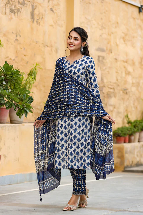 Off White Ethnic Motifs Printed Suit Set