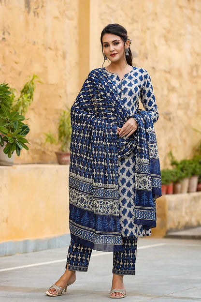 Off White Ethnic Motifs Printed Suit Set