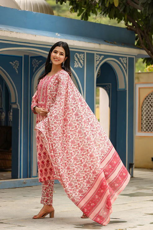 Pink Rayon Blend Floral Printed Straight Suit Set