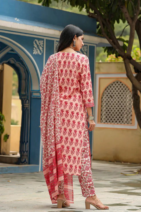 Pink Rayon Blend Floral Printed Straight Suit Set