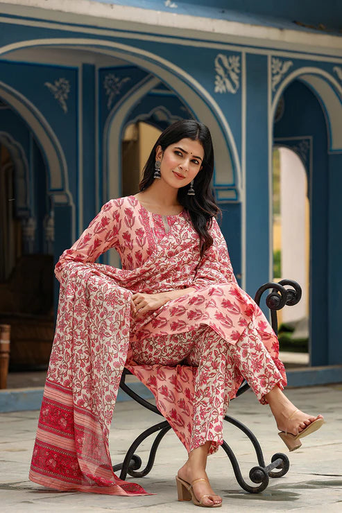 Pink Rayon Blend Floral Printed Straight Suit Set