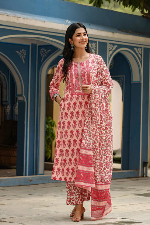 Pink Rayon Blend Floral Printed Straight Suit Set