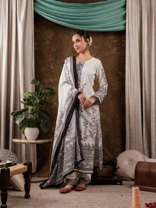 White Cotton Ethnic Motifs Straight Kurta Dupatta Pant Set