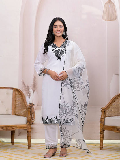 White Floral Embroidered Straight Kurta Trousers & Dupatta