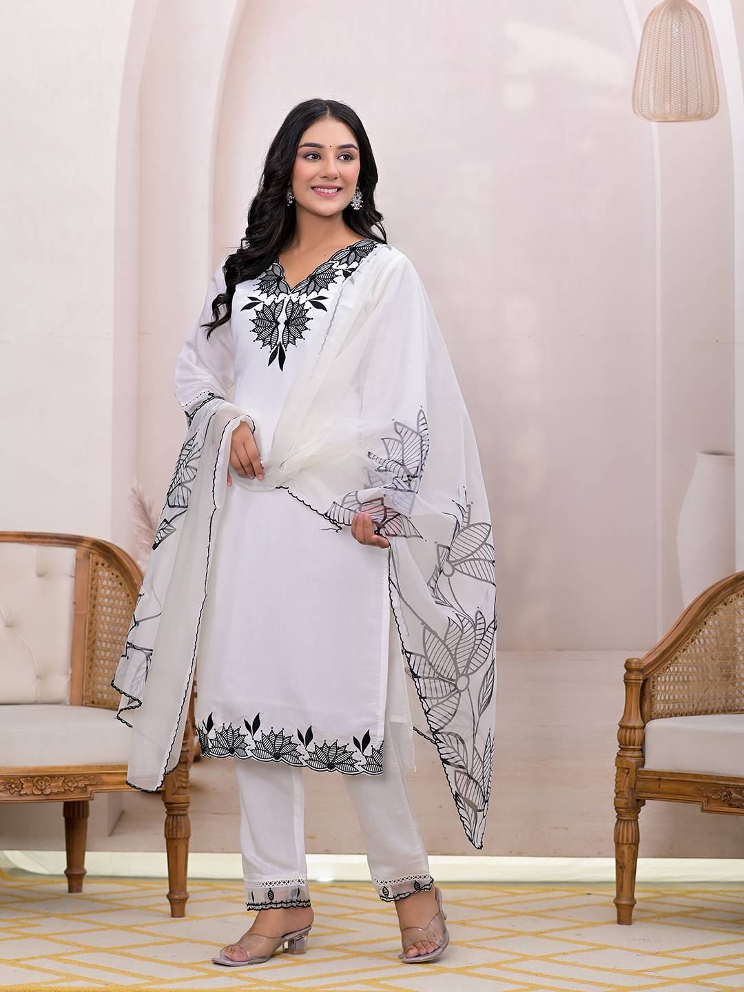 White Floral Embroidered Straight Kurta Trousers & Dupatta