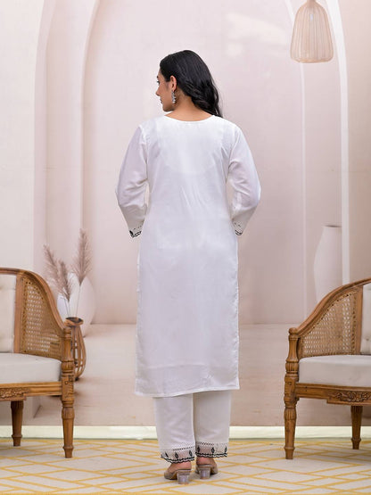 White Floral Embroidered Straight Kurta Trousers & Dupatta