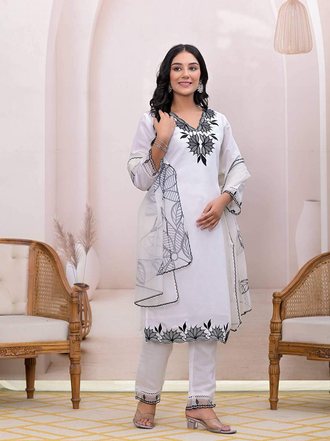 White Floral Embroidered Straight Kurta Trousers & Dupatta