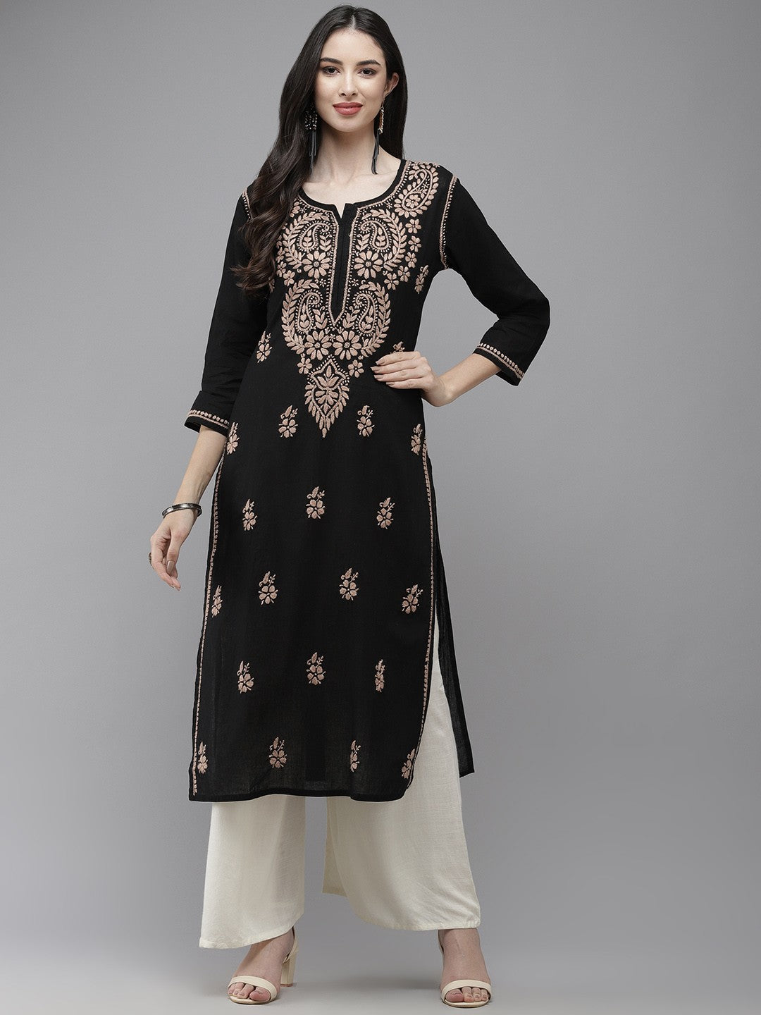 Hand Embroidered Black Cotton Lucknow Chikankari Straight Kurta