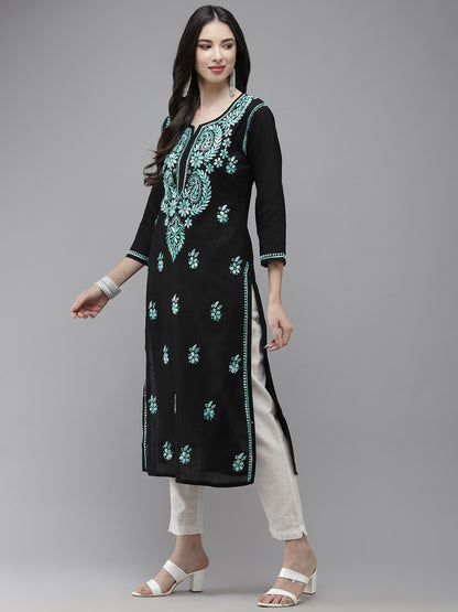 Hand Embroidered Black Cotton Lucknow Chikankari Kurta